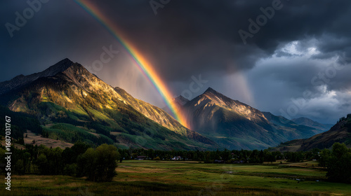 rainbow, sky, rain, landscape, clouds, nature, mountain, storm, cloud, light, weather, sun, sea, water, summer, field, grass, mountains, view, green, hill, travel, horizon, tree, meadow