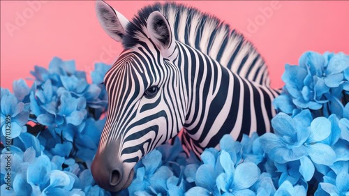 A cute baby zebra taking a bath in the water, surrounded by blue flowers.