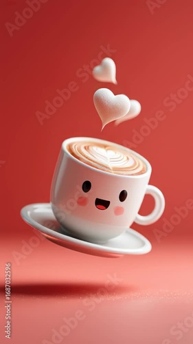 Cute floating coffee cup with heart latte art and smiling face animation. Valentine's Day, café promotion, or romantic designs