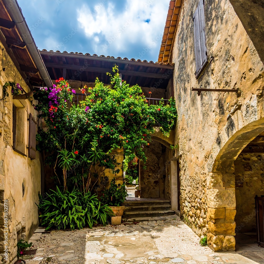 Naklejka premium Picturesque courtyard with old stone buildings