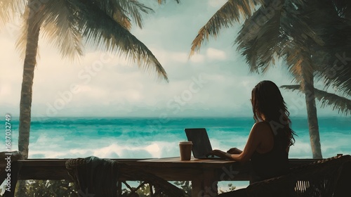 Fototapeta Naklejka Na Ścianę i Meble -  A woman works remotely on a laptop with a stunning tropical beach and ocean view embodying a work from anywhere lifestyle