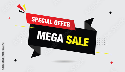 Mega special sale offer editable vector illustration web banner template design black red gradient shapes light gray background modern creative promotional advertising art