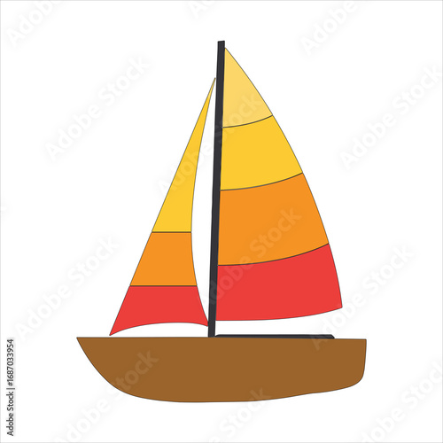 Colorful sailboat with striped sail on a white background Keywords: sailboat, boat, sail, sailing, watercraft, nautical, maritime
