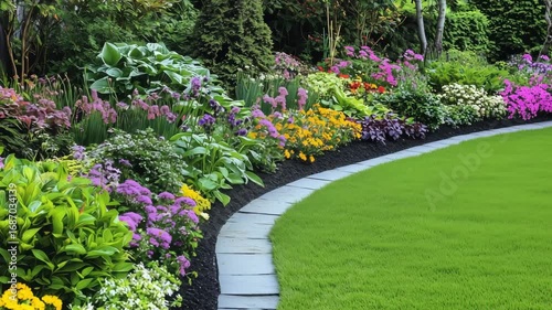 Colorful flowers line a curved pathway in a well kept garden, creating a picturesque outdoor space during mid spring
