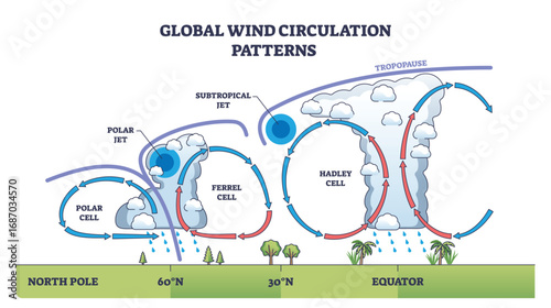Global wind circulation patterns show the movement of air in Hadley, Ferrel, and Polar cells with arrows and jet streams. Outline diagram