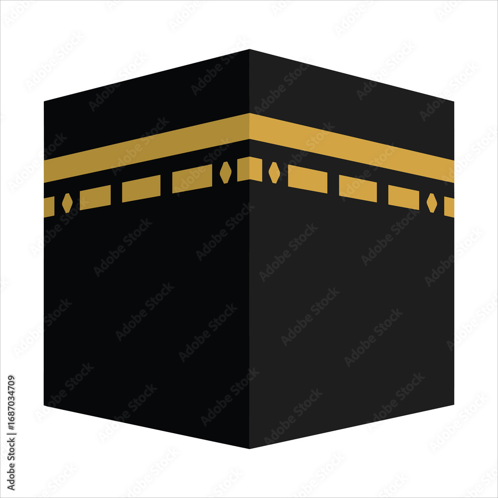 Fototapeta premium Islamic Kaaba cube structure with gold trim on white background mecca architecture