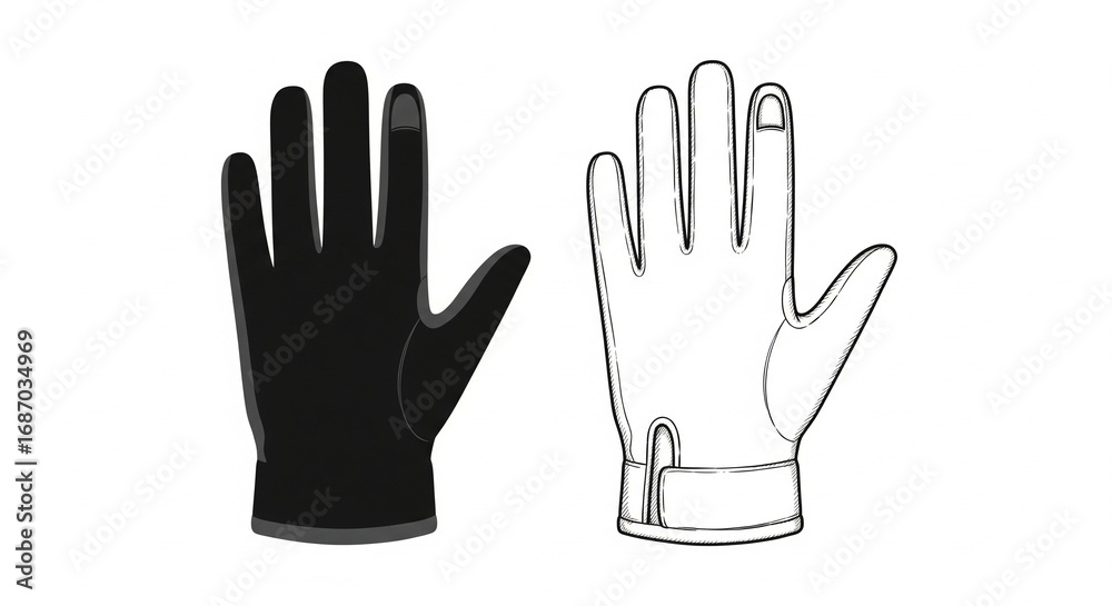 Fototapeta premium Black Glove and Outline Drawing of Hand Glove on Isolated transparent background