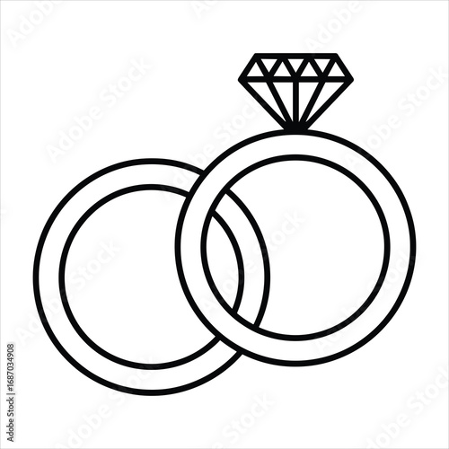 Outline Of Two Interlocking Wedding Rings With Diamond On White Background Keywords: wedding rings, engagement rings, jewelry