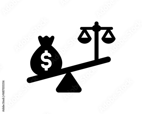 Conceptual vector icon illustrating social injustice and corruption, with a money bag outweighing the scales of justice