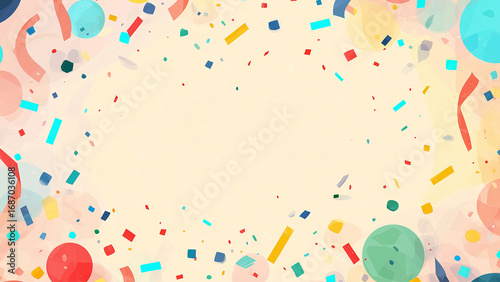 Festive Colorful geometric Confetti and Ribbon Background with Blank Space in Center for Celebration and Party Design