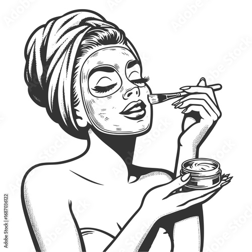 glamorous woman in a towel turban, applying face mask with a brush while holding a jar of cream, sketch engraving generative ai fictional character vector illustration. Scratch board. Black and white.