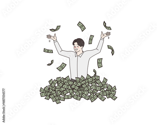 Joyful young businessman celebrating financial success, sitting in a large pile of cash and throwing money in the air