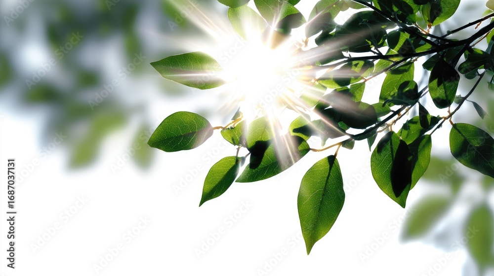 Obraz premium Bright green leaves catch sunlight, creating a serene and vibrant atmosphere. This natural scene symbolizes growth and tranquility, perfect for nature lovers and wellness themes.