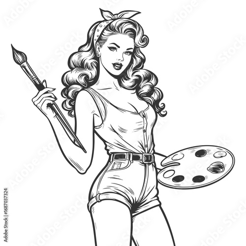  woman holding a paintbrush and artist palette, in high-waisted shorts and heels, pin-up artist sketch engraving generative ai fictional character vector illustration. Scratch board. Black and white.