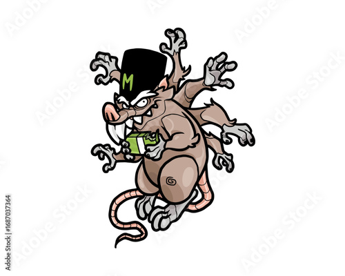 A cunning six-armed cartoon rat character, depicted as a greedy mobster in a top hat with a letter initial, clutching a large wad of cash, isolated vector illustration