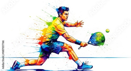 Man Playing Paddle Tennis Bright Colorful Watercolor Style