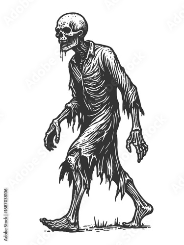 zombie walking at Halloween party sketch engraving generative ai fictional character vector illustration. Scratch board. Black and white image