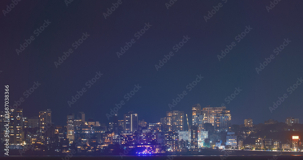 Obraz premium Mumbai, India. Evening City Skyline From Marine Drive , , . Skyscrapers In Night Illuminations. Night City Life. Back Bay Coast Of Mumbai City. Mumbai Night Skyline
