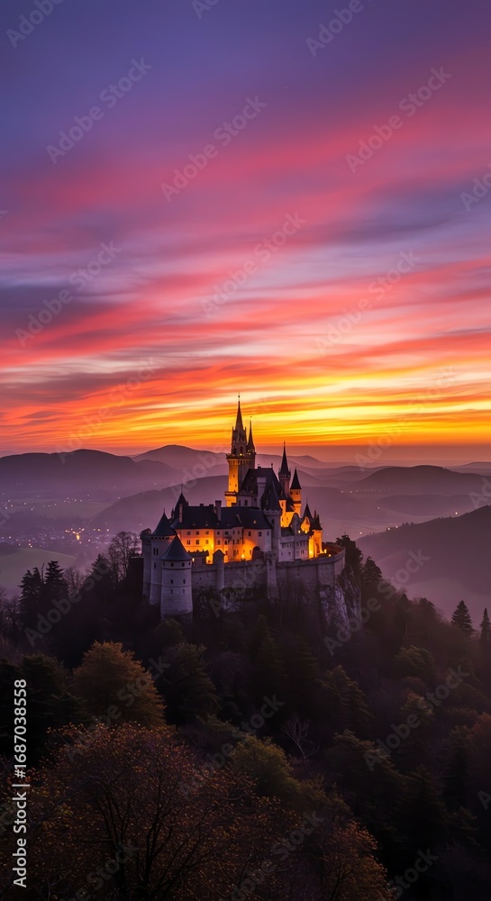 Fototapeta premium Majestic castle perched atop a hill illuminated by a vibrant sunset sky