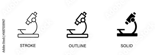 Microscope icon for science, research, lab, hospital. Vector line and solid icons.