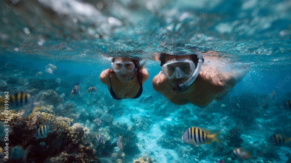 Naklejka premium A couple snorkeling together over a vibrant coral reef surrounded by colorful fish in clear blue ocean water