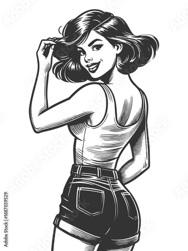 woman with short wavy hair, high-waisted shorts and a tank top, with a confident smile sketch engraving generative ai fictional character vector illustration. Scratch board imitation. Black and white.