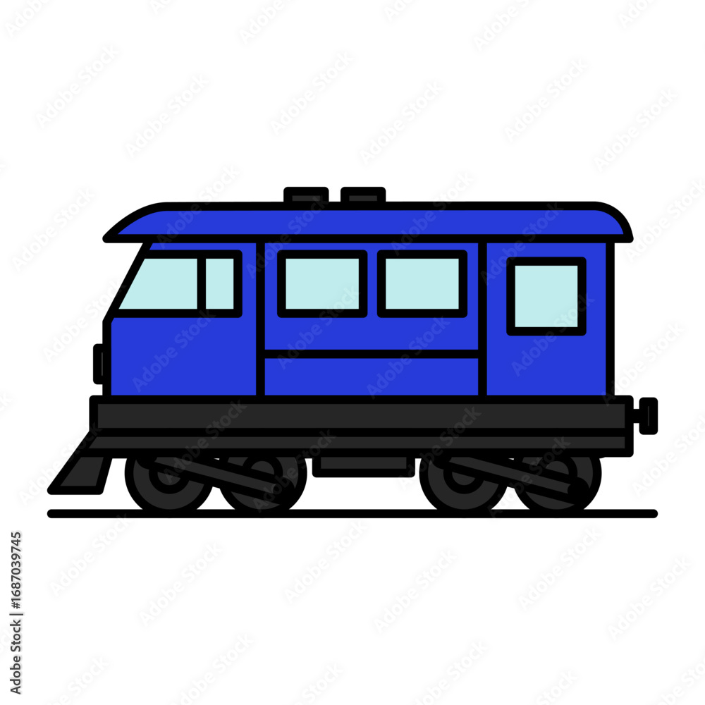 Fototapeta premium Flat vector illustration of a blue train, representing railway, public transport, commuting, and cargo logistics.