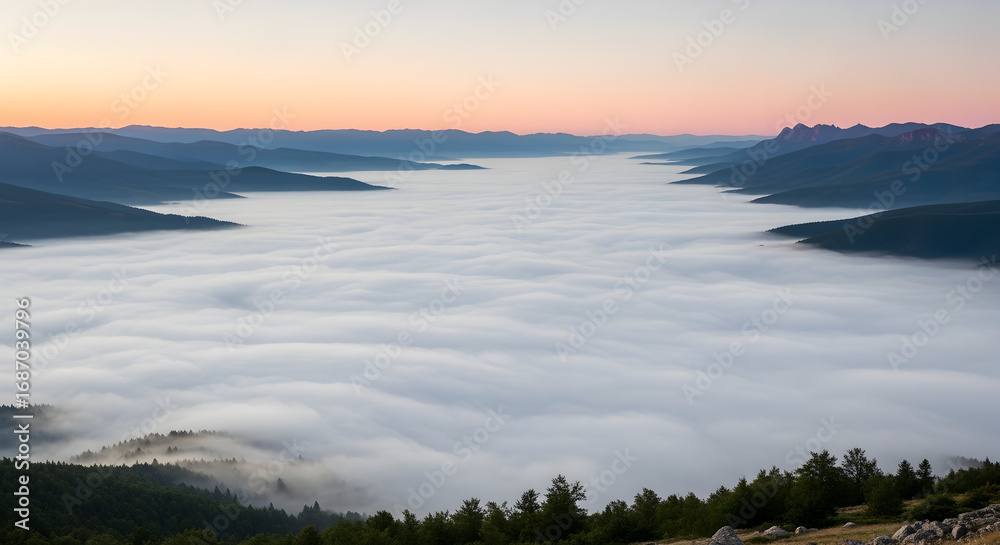 Fototapeta premium Majestic Mountain Valley Bathed in a Sea of Clouds at Dawn, Panoramic Landscape with Rolling Fog and Distant Peaks Under a Serene Sky