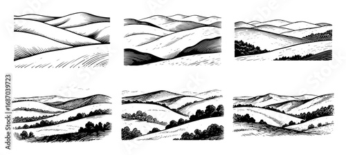 A landscape of rolling hills set, vector engraving style illustration