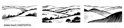 A landscape of rolling hills set, vector engraving style illustration