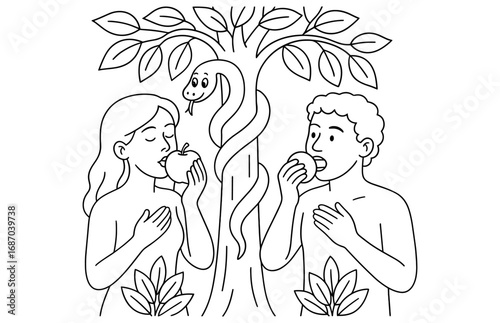 Adam and eve with forbidden fruit scene for religious education or print design