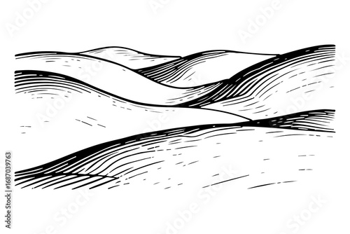Vector engraving style illustration of a A landscape of rolling hills