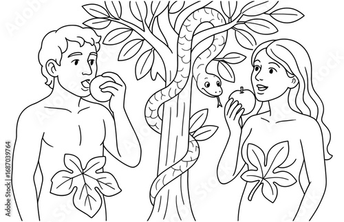 Adam and eve with forbidden fruit in garden of eden scene - biblical concept for educational design
