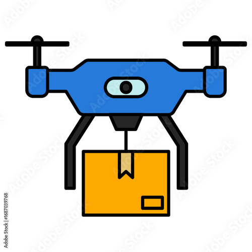 Flat vector illustration of a blue drone carrying a package, symbolizing modern delivery technology, logistics, and innovation in transportation