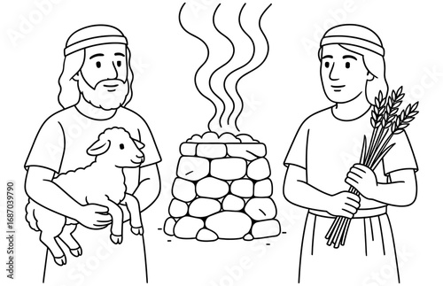 Biblical scene of cain and abel's offerings depicting sheep and grain