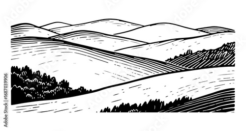 Vector engraving style illustration of a A landscape of rolling hills