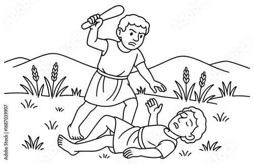 Biblical cain and abel conflict scene in nature setting