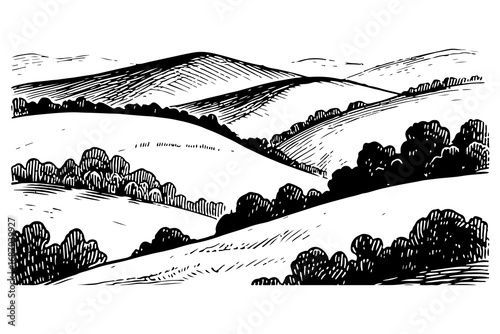 Vector engraving style illustration of a A landscape of rolling hills