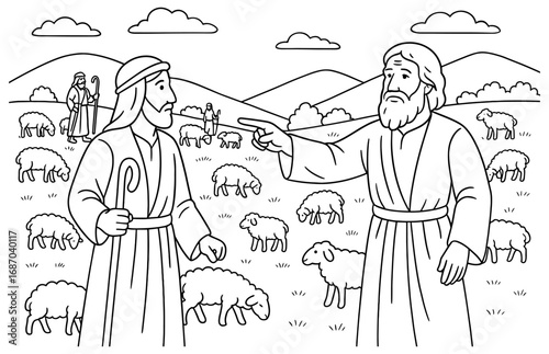 Biblical scene of abraham and lot's separation with shepherds and sheep in a pastoral landscape for religious education