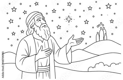 Biblical night sky scene with abraham and stars for children’s educational coloring