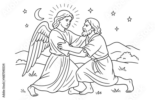 Biblical scene of jacob and angel under starry night for faith-based artwork