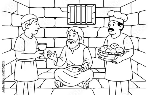 Biblical scene of joseph interpreting dreams in prison for cupbearer and baker