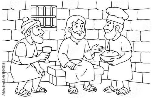 Biblical scene of joseph in prison discussing with fellow inmates – design for religious education