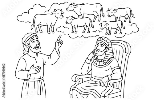Biblical scene of joseph interpreting pharaoh’s dream with cows for educational design