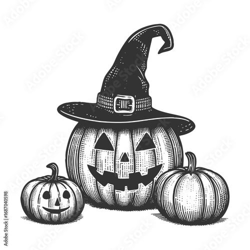Halloween pumpkins, with the central jack-o-lantern wearing a witch hat sketch engraving generative ai fictional character vector illustration. Scratch board imitation. Black and white image.
