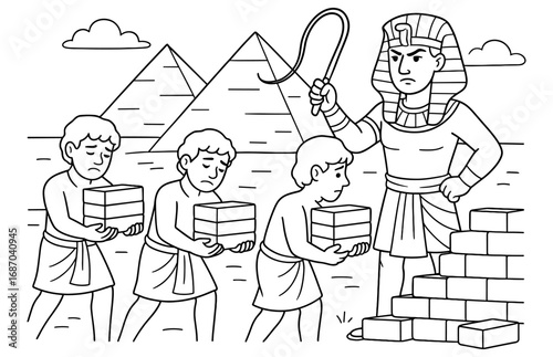 Pharaoh overseeing ancient laborers building pyramids - historical scene illustration for educational use