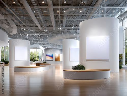 Modern art gallery showing empty canvases with curved walls