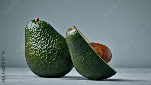 Fresh sliced avocado revealing seed on a minimalist background for healthy eating