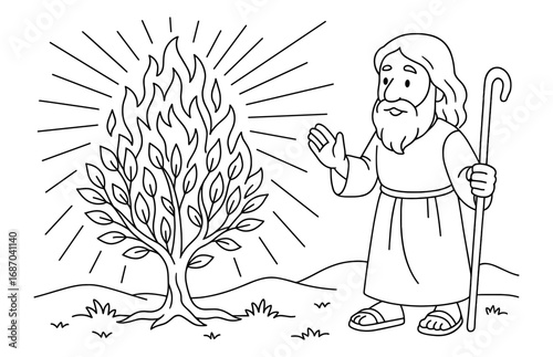 Moses and the burning bush scene for religious education and coloring activity