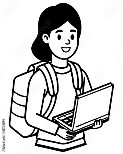  Female Student with Laptop, a Line Art Icon for E-learning and Education